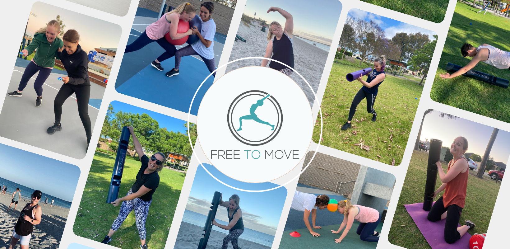 Collage of Free to Move outdoor group sessions — members moving, stretching and training together in parks