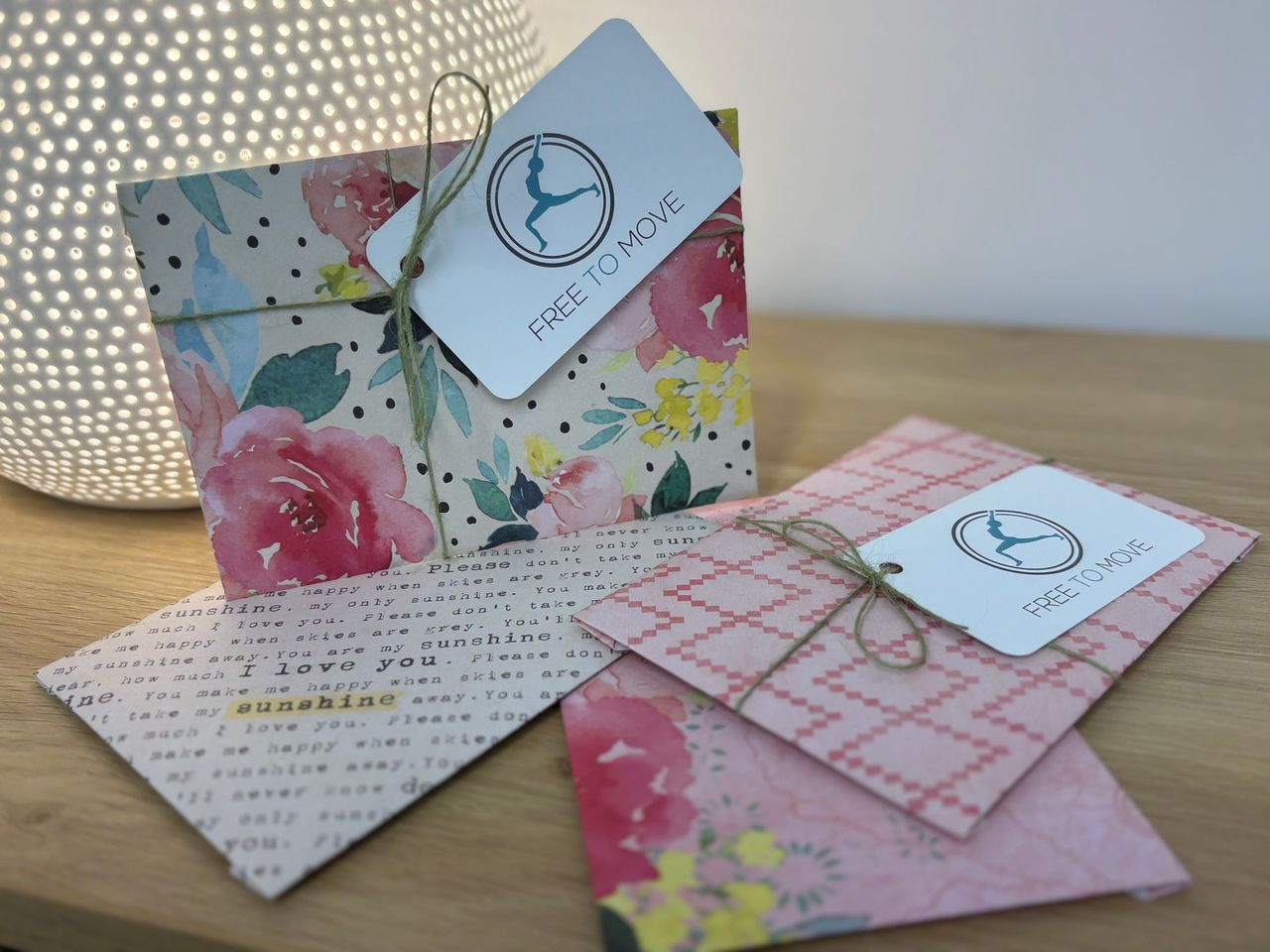 Free to Move gift vouchers in floral envelopes